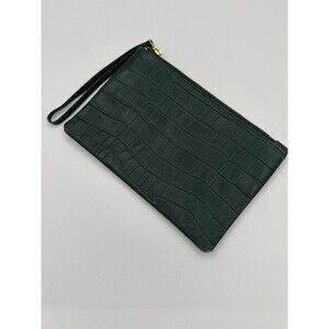 J Crew 100% Cowhide Leather Crocodile Dark Green Clutch Zip Top Pouch Wristlet